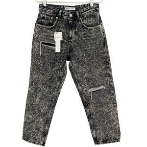 NEW Zara Womens Crop Jeans Size 30 Distressed Straight High Rise Acid Wash Black